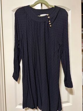 LOFT Black Long Sleeve Swiss Dot Dress with Gold Buttons